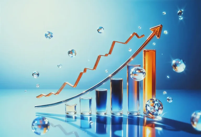 Graph showing financial or sustainability growth with water drops and bars