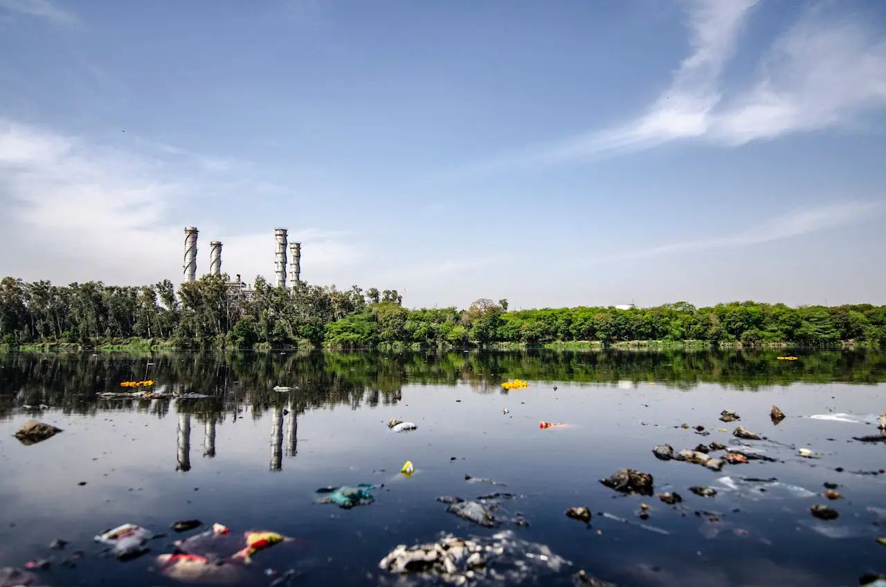 River polluted with trash and plastic